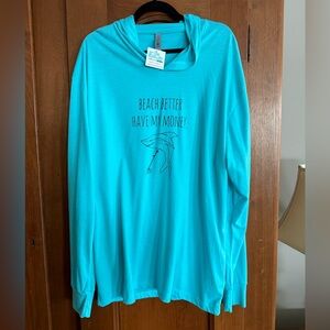 Unisex Next Level Apparel Turquoise Long Sleeve Tee with hood.